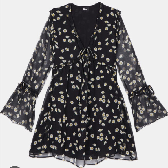 The Kooples NWT 100% Silk Black Daisy Long Sleeve Dress | FR 0 = US 2 - Picture 13 of 13